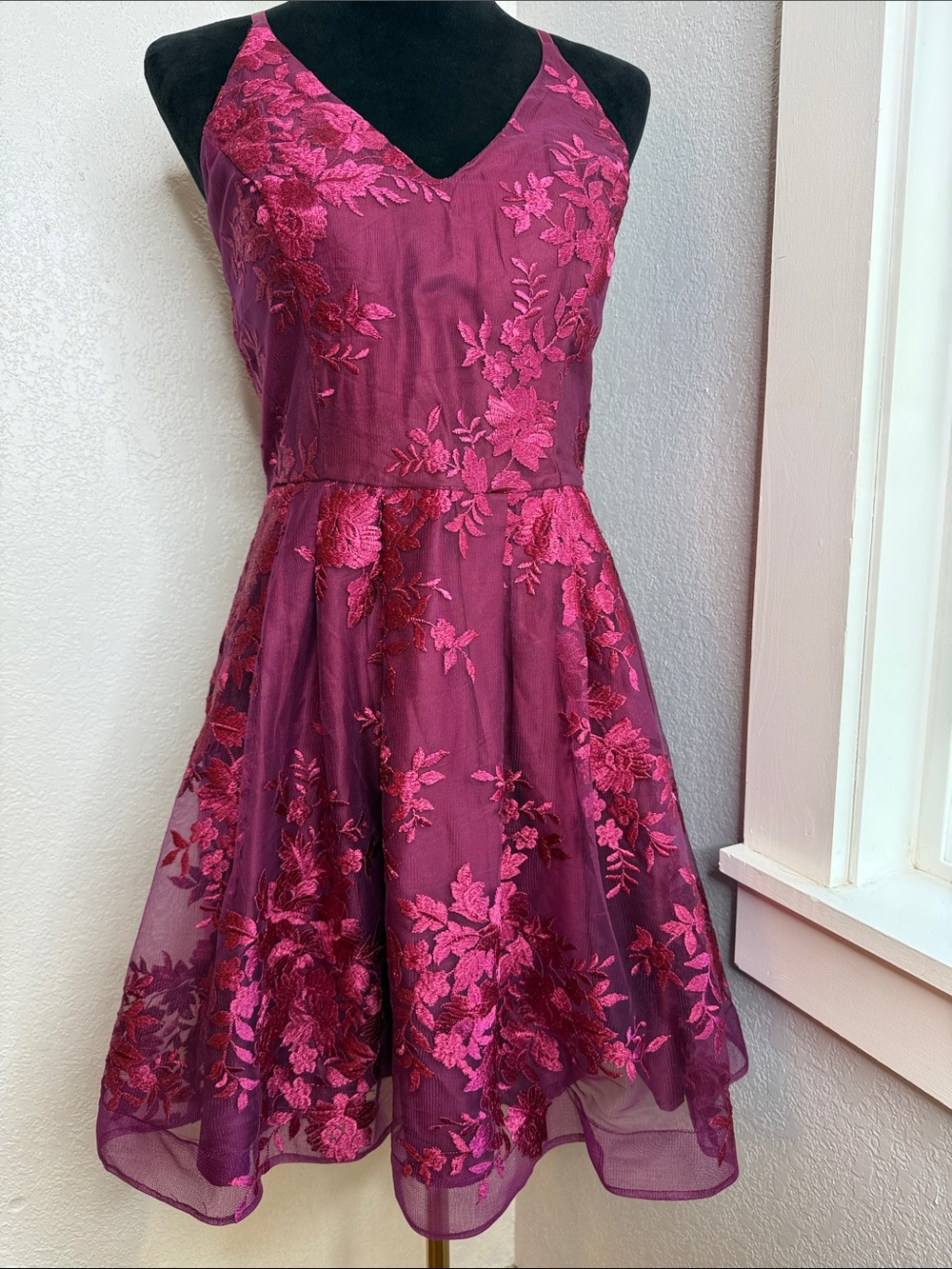 BCX Burgundy Embroidered Mesh Mini Dress Whimsical Fairycore Holiday Juniors 11